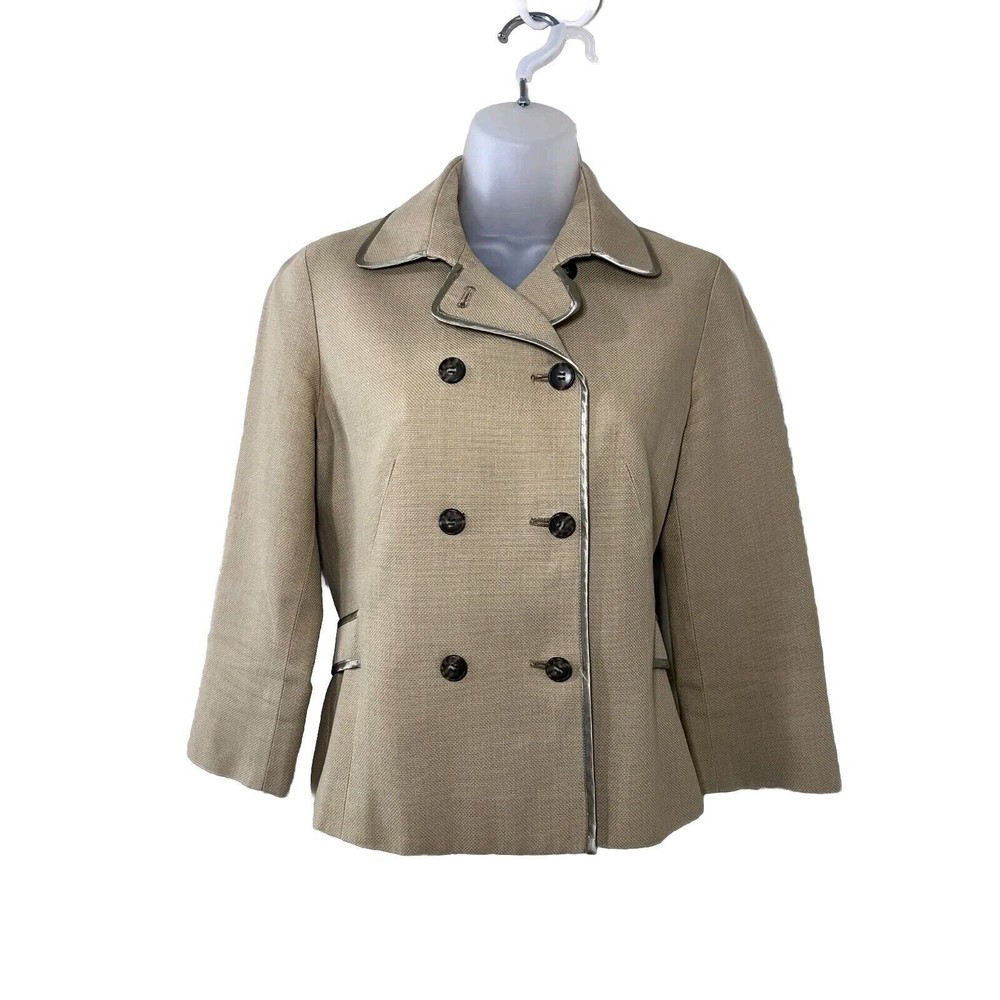 Vintage 90s ICB Womens Designer Jacket Tan Double Breasted Belted Size 4 Lined